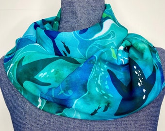 Watercolor Whale Scarf, Underwater ocean, whale shadow, infinity scarf, watercolor chiffon, Whale lover gift, ocean scarf, whale scarf
