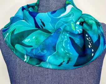 Cachecol Baleia em Aquarela, Oceano Subaquático, Sombra de Baleia, Cachecol Infinito, Chiffon em Aquarela, Presente para Amantes de Baleias, Cachecol Oceano, Cachecol Baleia