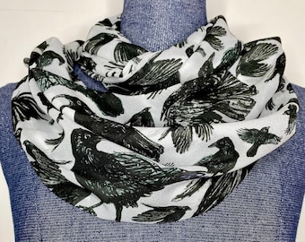 Crow scarf, Black bird scarf, murder of crows, black and white scarf, Bird scarf, Ornithology gift, Crow gift, Chiffon Infinity scarf