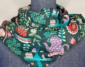 Garden Tea Party scarf, infinity scarf,  chiffon scarf, teapots, cups and saucers, bird cage, dark teal green, english garden party