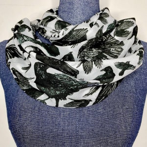 Crow scarf, Black bird scarf, murder of crows, black and white scarf, Bird scarf, Ornithology gift, Crow gift, Chiffon Infinity scarf