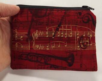 Music zipper pouch, red black music clutch, coin purse, card wallet, music gift, red gold staff, music coin purse, music purse