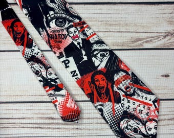 Noise and Silence necktie, Attention-seeking media noise that surrounds us, punk graffiti collage, red and black pop art, statement necktie