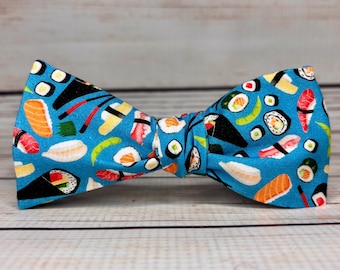 Sushi bowtie, sushi gift, blue background, self tie or pre-tied, adult and youth