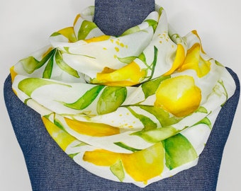 Lemon scarf, watercolor lemons, lemon gifts, lemon blossom leaf, chiffon scarf, infinity scarf, lemon accessories, citrus fruit gift