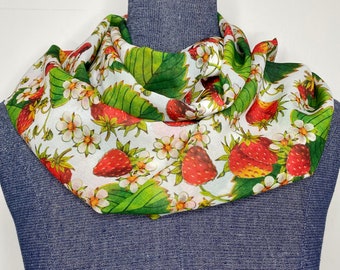 Strawberry Scarf, Berry blossom scarf, summer berries, strawberry gift, woodland berries, red berries, white blossoms, green leaves