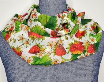 Strawberry Scarf, Berry blossom scarf, summer berries, strawberry gift, woodland berries, red berries, white blossoms, green leaves