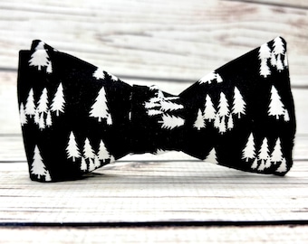 Forest bowtie, black and white woodland, Pine tree silhouette, evergreens