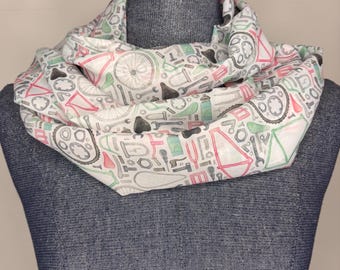 Bicycle Scarf, Bike parts and tools, bicycle custom build gift, grey mint pink on white background