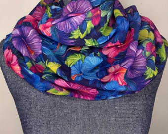 Hawaiian hibiscus scarf, Mao hau hele flower, blue red  purple floral, navy background, chiffon