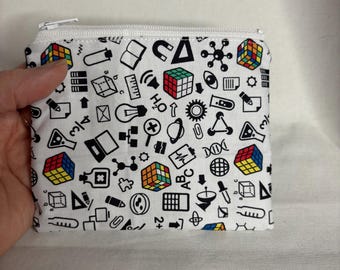 Science coin purse, Rubik's cube coin purse, scientific zipper pouch, math dna atom, scientist purse