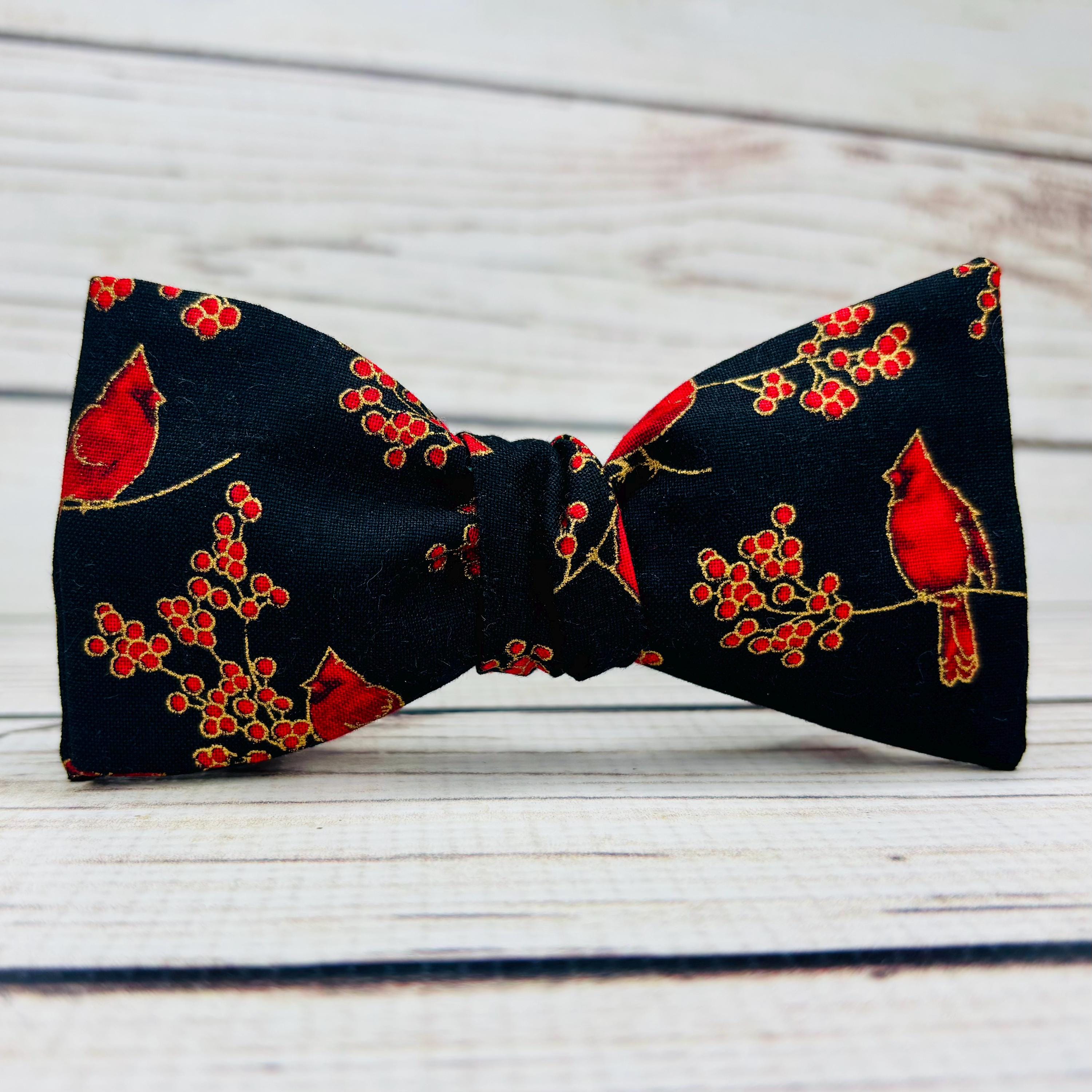 Cardinal bowtie, bright red cardinal, red berries, winter bird bowtie, black gold red, northern cardinal, bird watcher gift, bird lover