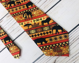 Africa Tie, Saharan tie, African elephant, Giraffe, Rhinoceros, Africa gift, African tie, safari tie, orange yellow black