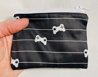 Video game zipper pouch, pinstripe card wallet, black and white coin purse, game controler coin wallet, video games coin pouch