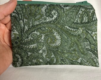 green grey paisley zipper pouch, floral card wallet, mossy green coin purse