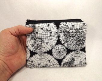 world map card wallet, black and white, card wallet, map zipper pouch, map clutch map purse, change pouch