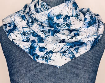 Skull scarf, watercolor ink spatter, light weight chiffon, blue and white