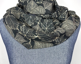 Autumn Leaf skeleton, Golden Leaves on black, dried leaves, leaf print, chiffon infinity scarf