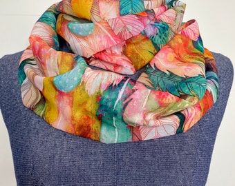 Feather scarf, chiffon infinity scarf, turquoise copper feathers
