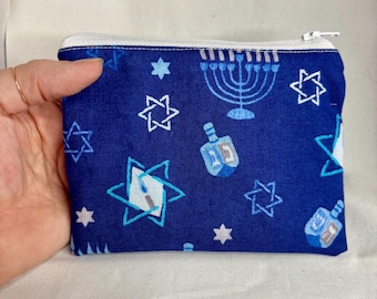 Hanukkah zipper pouch, blue white silver bag, dreidel bag, Jewish wallet, change purse, star of david coin pouch, Chanukah 4x6