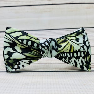 May include: A black bow tie with a green and white butterfly pattern.