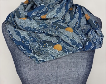 Golden moon scarf, stars night sky, Japanese clouds, chiffon infinity scarf, dark navy blue