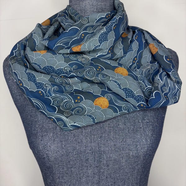 Golden moon scarf, stars night sky, Japanese clouds, chiffon infinity scarf, dark navy blue