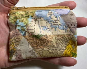 World map coin purse, world traveler gift, zipper pouch, travel accessory, map collage, world map purse, travel money bag, traveler gift