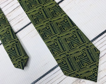 CPU necktie, Skinny tie, Computer tie, circuit board tie, programmer tie, computer programmer, olive green gold, motherboard accessory