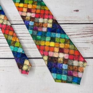 Mosaic Rainbow necktie, Colorblock Paint palette, artist tie, colorfull abstract squares