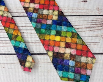 Corbata de mosaico arcoíris, paleta de pintura con bloques de color, corbata de artista, cuadrados abstractos coloridos
