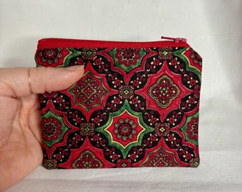 Floral Mandala Zipper Pouch: Red Black Green Coin Wallet