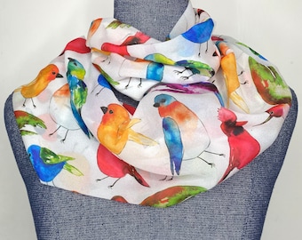 Bird scarf, infinity scarf, ornithology gift for her, chiffon scarf, bird watching scarf, bird nerd, bird lover gift, womans bird accessory