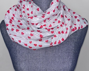 Corazón y rayas, bufanda infinita de gasa, bufanda de San Valentín, rojo, blanco y negro