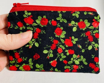 Red Rose zipper pouch, rose card wallet, red and black rose coin purse, red roses, floral coin pouch, rose bag, clutch, large zipper pouch