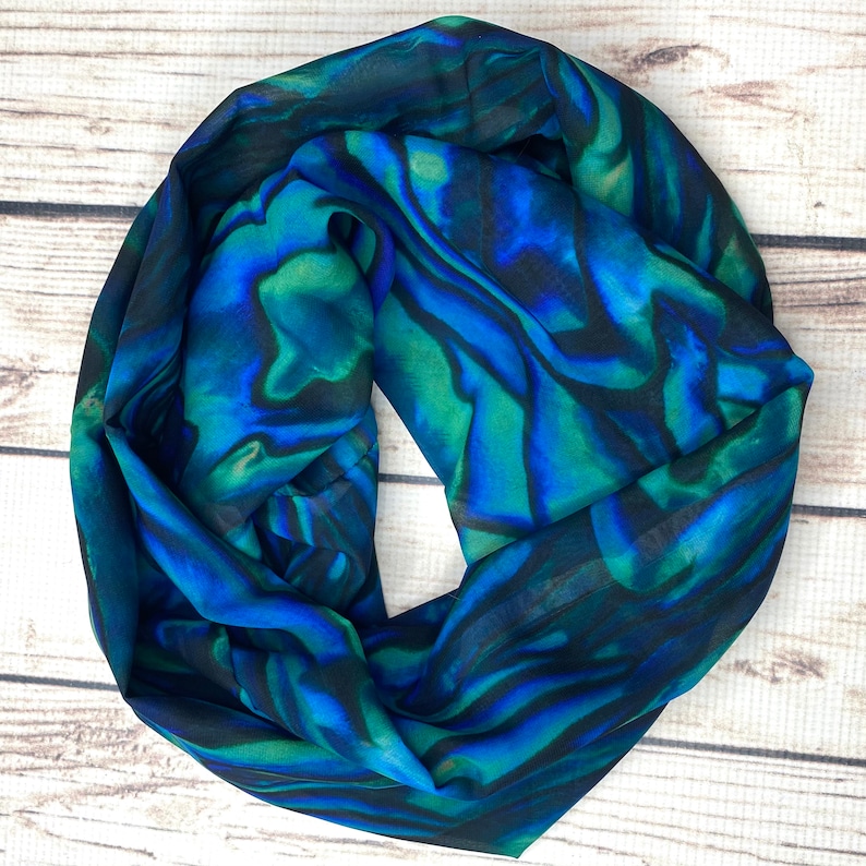 Abalone scarf, Blue abalone, Paua shell scarf, abalone shell, infinity scarf, abalone gift, chiffon scarf, abalone wedding, ocean scarf image 2