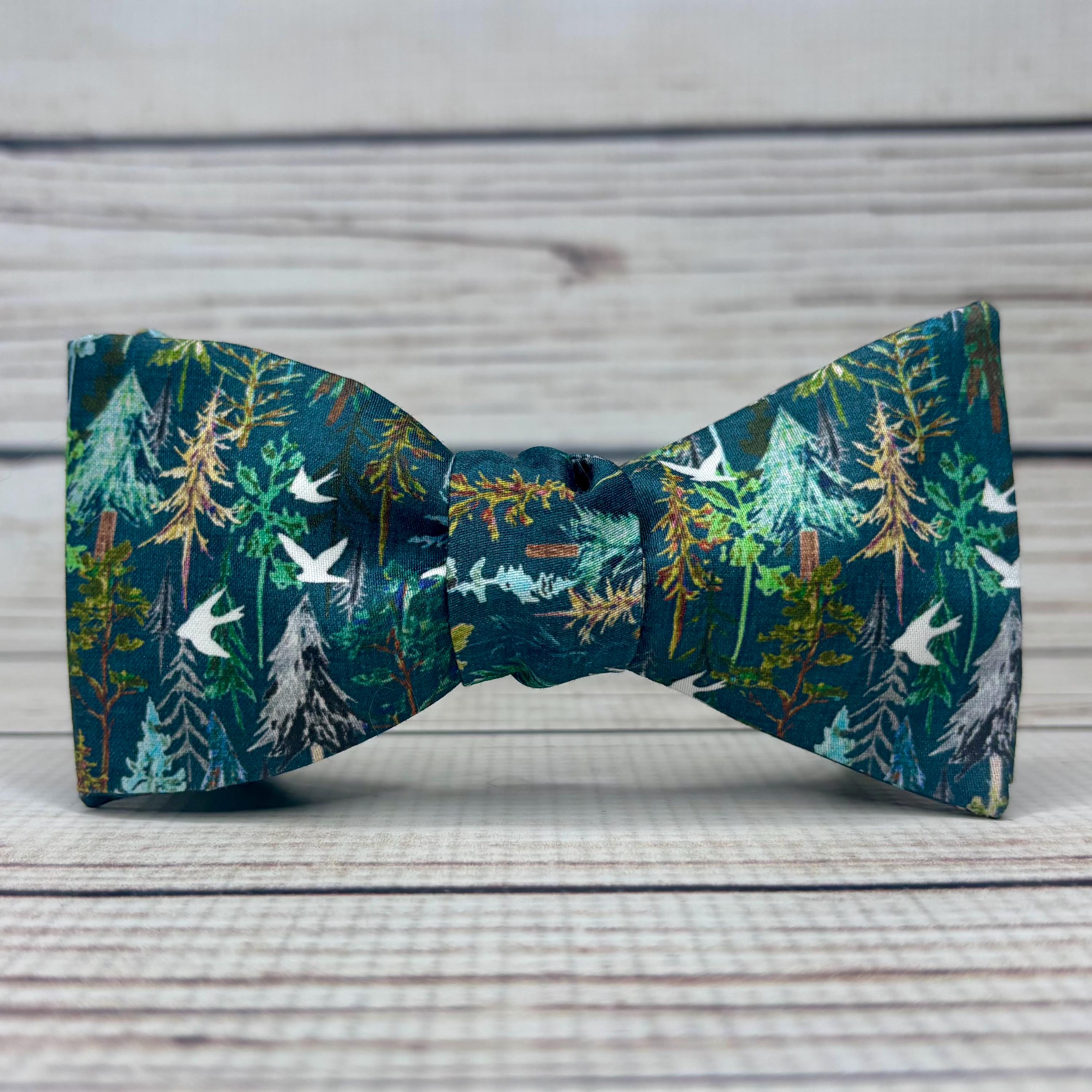 Evergreen forest bowtie, woodland bowtie, watercolor trees, Pacific Northwest accessory, bird silhouette, woodsman gift, nature lover bowtie