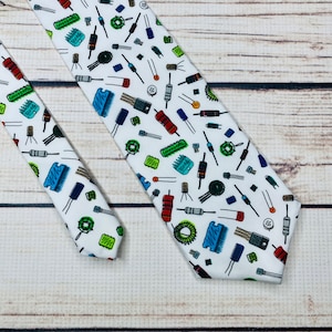 Circuit tie, electrical engineer tie, graduation gift, electrical components, resistors op amps capacitors tran components,