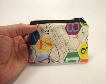 Math zipper pouch, mathematical symbols coin purse, graph, chart, dna, science change purse, coin wallet, coin pouch