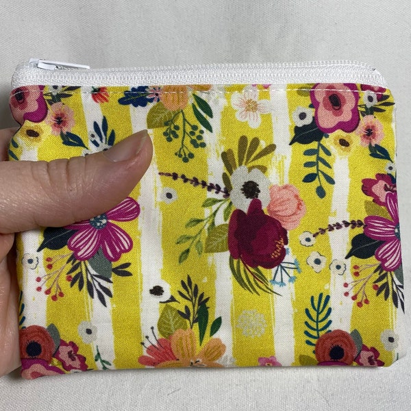 Floral zipper pouch, yellow white stripe floral, card wallet, pastel yellow, coin purse, floral clutch, striped change pouch