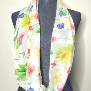 Wildflower scarf, flower garden scarf, watercolor flowers, chiffon infinity scarf, pastel floral scarf, image 3