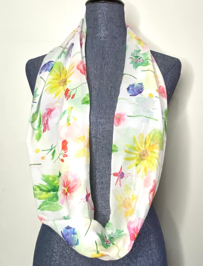 Wildflower scarf, flower garden scarf, watercolor flowers, chiffon infinity scarf, pastel floral scarf, image 3