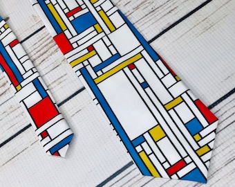 Kunst Krawatte, Mondrian Krawatte, moderne Kunst Krawatte, abstrakte Kunst Krawatte, Malkrawatte, Künstlerkrawatte, Mondrian Blöcke, geometrische Krawatte, rot gelb blau