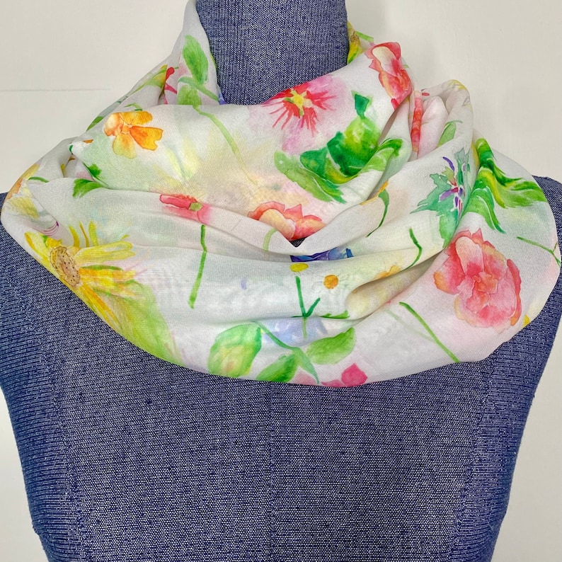 Wildflower scarf, flower garden scarf, watercolor flowers, chiffon infinity scarf, pastel floral scarf, image 7