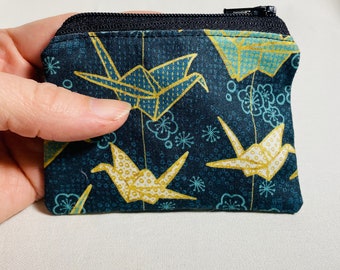 Origami Crane zipper pouch, oriental crane bag, teal and gold, paper cranes, coin purse,  origami wallet, accessory