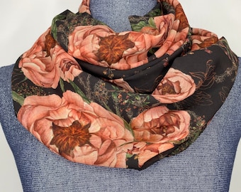 Peony scarf, infinity scarf, botanical gift, chiffon scarf, peonies on brown chiffon, vintage rose and brown, rose scarf