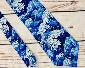 Ocean waves necktie, Great Wave necktie, Japanese art accessory, The Great Wave off Kanagawa, bright blue ocean, deep blue ocean