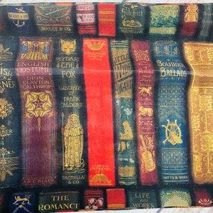 May include: A colorful fabric with a pattern of vintage book covers. The book titles include "English Costume", "Reynard the Fox", "Little Wide Awake", "Boudoir Ballads", and "Life and Works".