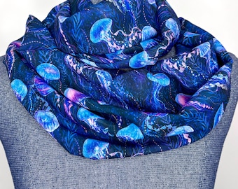 Cachecol com estampa de água-viva, cachecol infinito de chiffon, preto, azul, rosa, roxo