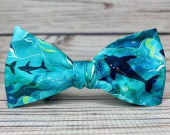 Watercolor Whale bowtie, whale silhouette, Whale lover gift, underwater ocean scene